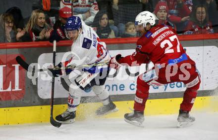 EBEL. Eishockey Bundesliga. EC KAC gegen  HC TIWAG Innsbruck.  Thomas Hundertpfund,  (KAC),  Corey MacKin   (Innsbruck). Klagenfurt, am 13.1.2023.
Foto: Kuess
www.qspictures.net
---
pressefotos, pressefotografie, kuess, qs, qspictures, sport, bild, bilder, bilddatenbank