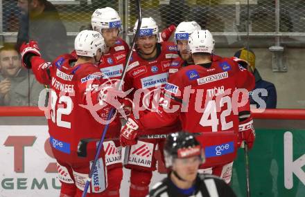 EBEL. Eishockey Bundesliga. EC KAC gegen  HC TIWAG Innsbruck. Torjubel Fabian Hochegger, Rihards Bukarts, Rok Ticar, Clemens Unterweger, Thomas Hundertpfund  (KAC). Klagenfurt, am 13.1.2023.
Foto: Kuess
www.qspictures.net
---
pressefotos, pressefotografie, kuess, qs, qspictures, sport, bild, bilder, bilddatenbank