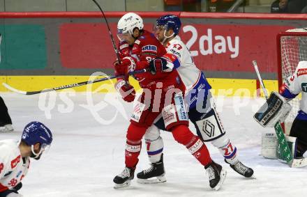 EBEL. Eishockey Bundesliga. EC KAC gegen  HC TIWAG Innsbruck.  Matthew Fraser,  (KAC),    Anders Krogsgaard  (Innsbruck). Klagenfurt, am 13.1.2023.
Foto: Kuess
www.qspictures.net
---
pressefotos, pressefotografie, kuess, qs, qspictures, sport, bild, bilder, bilddatenbank