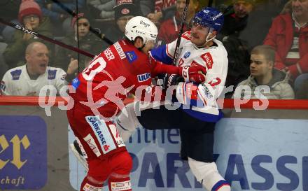 EBEL. Eishockey Bundesliga. EC KAC gegen  HC TIWAG Innsbruck.  Matthew Fraser,   (KAC),    Braeden Shaw (Innsbruck). Klagenfurt, am 13.1.2023.
Foto: Kuess
www.qspictures.net
---
pressefotos, pressefotografie, kuess, qs, qspictures, sport, bild, bilder, bilddatenbank