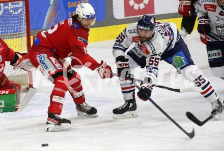 EBEL. Eishockey Bundesliga. EC KAC gegen  Hydro Fehervar AV 19.   David Maier,  (KAC),    Andrew Sarauer (Fehervar). Klagenfurt, am 17.1.2023.
Foto: Kuess
www.qspictures.net
---
pressefotos, pressefotografie, kuess, qs, qspictures, sport, bild, bilder, bilddatenbank
