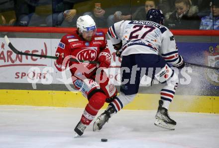 EBEL. Eishockey Bundesliga. EC KAC gegen  Hydro Fehervar AV 19.  Rihards Bukarts,  (KAC),    Dakota Donaghey  (Fehervar). Klagenfurt, am 17.1.2023.
Foto: Kuess
www.qspictures.net
---
pressefotos, pressefotografie, kuess, qs, qspictures, sport, bild, bilder, bilddatenbank