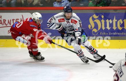 EBEL. Eishockey Bundesliga. EC KAC gegen  Hydro Fehervar AV 19.   Nikolaus Kraus,  (KAC),    Istvan Bartalis (Fehervar). Klagenfurt, am 17.1.2023.
Foto: Kuess
www.qspictures.net
---
pressefotos, pressefotografie, kuess, qs, qspictures, sport, bild, bilder, bilddatenbank