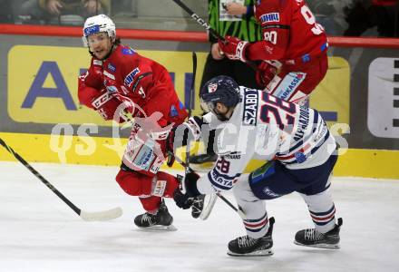 EBEL. Eishockey Bundesliga. EC KAC gegen  Hydro Fehervar AV 19.   Manuel Ganahl,  (KAC),    Daniel Szabo (Fehervar). Klagenfurt, am 17.1.2023.
Foto: Kuess
www.qspictures.net
---
pressefotos, pressefotografie, kuess, qs, qspictures, sport, bild, bilder, bilddatenbank