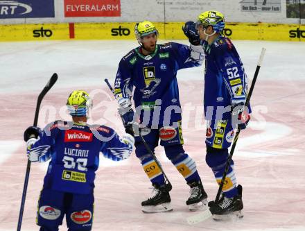 EBEL. Eishockey Bundesliga. EC VSV gegen Graz99ers.   Torjubel Robert Sabolic, Nicolas Rivett-Mattinen, Anthony Luciani  (VSV). Villach, am 20.1.2023
Foto: Kuess
www.qspictures.net
---
pressefotos, pressefotografie, kuess, qs, qspictures, sport, bild, bilder, bilddatenbank