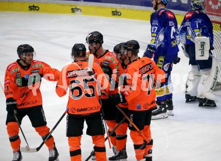 EBEL. Eishockey Bundesliga. EC VSV gegen Graz99ers.   Torjubel Ken Ograjensek, Daniel Oberkofler, Michael Kernberger, Erik Kirchschlaeger  (Graz). Villach, am 20.1.2023
Foto: Kuess
www.qspictures.net
---
pressefotos, pressefotografie, kuess, qs, qspictures, sport, bild, bilder, bilddatenbank