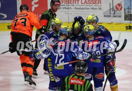 EBEL. Eishockey Bundesliga. EC VSV gegen Graz99ers.   Torjubel Robert Sabolic, Nicolas Rivett-Mattinen, Anthony Luciani, Andrew Desjardins, John Hughes  (VSV). Villach, am 20.1.2023
Foto: Kuess
www.qspictures.net
---
pressefotos, pressefotografie, kuess, qs, qspictures, sport, bild, bilder, bilddatenbank