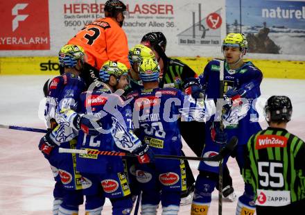 EBEL. Eishockey Bundesliga. EC VSV gegen Graz99ers.    Torjubel Robert Sabolic, Nicolas Rivett-Mattinen, Anthony Luciani, Andrew Desjardins, John Hughes (VSV). Villach, am 20.1.2023
Foto: Kuess
www.qspictures.net
---
pressefotos, pressefotografie, kuess, qs, qspictures, sport, bild, bilder, bilddatenbank