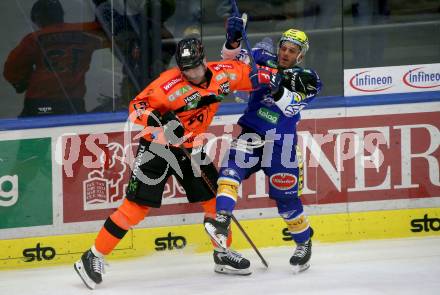 EBEL. Eishockey Bundesliga. EC VSV gegen Graz99ers.   Anthony Luciani,  (VSV),  Michael Schiechl    (Graz). Villach, am 20.1.2023
Foto: Kuess
www.qspictures.net
---
pressefotos, pressefotografie, kuess, qs, qspictures, sport, bild, bilder, bilddatenbank