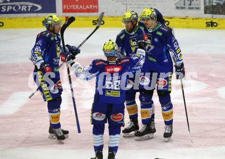 EBEL. Eishockey Bundesliga. EC VSV gegen Graz99ers.   Torjubel Robert Sabolic, Nicolas Rivett-Mattinen, Anthony Luciani, Andrew Desjardins  (VSV). Villach, am 20.1.2023
Foto: Kuess
www.qspictures.net
---
pressefotos, pressefotografie, kuess, qs, qspictures, sport, bild, bilder, bilddatenbank