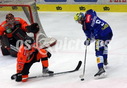 EBEL. Eishockey Bundesliga. EC VSV gegen Graz99ers.  Alexander Rauchenwald,  (VSV),    Jacob Pfeffer  (Graz). Villach, am 20.1.2023
Foto: Kuess
www.qspictures.net
---
pressefotos, pressefotografie, kuess, qs, qspictures, sport, bild, bilder, bilddatenbank