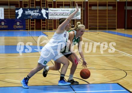 Basketball Damen Superliga. Grunddurchgang 11. Runde. KOS Celovec Damen gegen UBI Graz.  Lena WeiÃenbrunner (KOS), Johanna Maresch  (Graz). Klagenfurt, 21.1.2023.
Foto: Kuess
---
pressefotos, pressefotografie, kuess, qs, qspictures, sport, bild, bilder, bilddatenbank