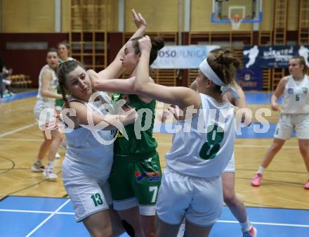 Basketball Damen Superliga. Grunddurchgang 11. Runde. KOS Celovec Damen gegen UBI Graz.  Lena WeiÃenbrunner (KOS), Eva Fellner, Simone Schwarzinger  (Graz). Klagenfurt, 21.1.2023.
Foto: Kuess
---
pressefotos, pressefotografie, kuess, qs, qspictures, sport, bild, bilder, bilddatenbank