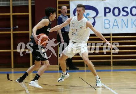 Basketball 2. Liga 2022/2023. Grunddurchgang 13. Runde.  KOS Celovec gegen  Guessing Blackbirds.   Andi Smrtnik (KOS), Bernhard Koch  (Guessing). Klagenfurt, am 21.1.2023.
Foto: Kuess
www.qspictures.net
---
pressefotos, pressefotografie, kuess, qs, qspictures, sport, bild, bilder, bilddatenbank