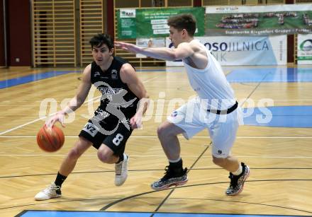 Basketball 2. Liga 2022/2023. Grunddurchgang 13. Runde.  KOS Celovec gegen  Guessing Blackbirds.  Andrej Blazevic  (KOS),  Bernhard Koch (Guessing). Klagenfurt, am 21.1.2023.
Foto: Kuess
www.qspictures.net
---
pressefotos, pressefotografie, kuess, qs, qspictures, sport, bild, bilder, bilddatenbank