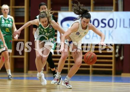 Basketball Damen Superliga. Grunddurchgang 11. Runde. KOS Celovec Damen gegen UBI Graz.  Alina Seher (KOS), Joerdis Reisner  (Graz). Klagenfurt, 21.1.2023.
Foto: Kuess
---
pressefotos, pressefotografie, kuess, qs, qspictures, sport, bild, bilder, bilddatenbank