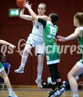 Basketball Damen Superliga. Grunddurchgang 11. Runde. KOS Celovec Damen gegen UBI Graz. Johanna Thamer  (KOS), Nika Cic  (Graz). Klagenfurt, 21.1.2023.
Foto: Kuess
---
pressefotos, pressefotografie, kuess, qs, qspictures, sport, bild, bilder, bilddatenbank