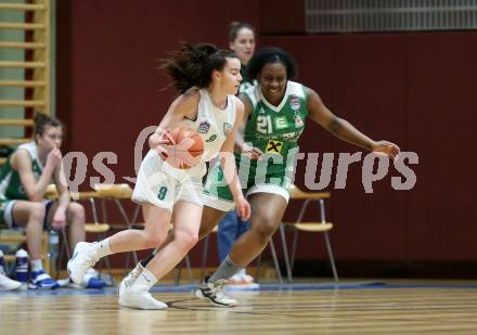 Basketball Damen Superliga. Grunddurchgang 11. Runde. KOS Celovec Damen gegen UBI Graz.  Elma Muharemovic (KOS),  Janet Oriakhi (Graz). Klagenfurt, 21.1.2023.
Foto: Kuess
---
pressefotos, pressefotografie, kuess, qs, qspictures, sport, bild, bilder, bilddatenbank