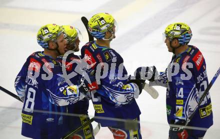 EBEL. Eishockey Bundesliga. EC VSV gegen HK SZ Olimpija Ljubljana.  Torjubel Blaz Tomazevic, Nicolas Rivett-Mattinen, Andrew Desjardins   (VSV).  Villach, am 22.1.2023
Foto: Kuess
www.qspictures.net
---
pressefotos, pressefotografie, kuess, qs, qspictures, sport, bild, bilder, bilddatenbank