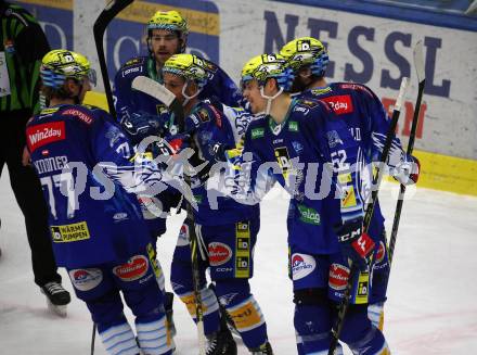 EBEL. Eishockey Bundesliga. EC VSV gegen HK SZ Olimpija Ljubljana.   Torjubel Philipp Lindner, Nicolas Rivett-Mattinen, Alexander Rauchenwald, Anthony Luciani, Chris Collins  (VSV),. Villach, am 22.1.2023
Foto: Kuess
www.qspictures.net
---
pressefotos, pressefotografie, kuess, qs, qspictures, sport, bild, bilder, bilddatenbank