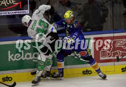 EBEL. Eishockey Bundesliga. EC VSV gegen HK SZ Olimpija Ljubljana.   Philipp Lindner,   (VSV),   Jaka Sturm (Ljubljana). Villach, am 22.1.2023
Foto: Kuess
www.qspictures.net
---
pressefotos, pressefotografie, kuess, qs, qspictures, sport, bild, bilder, bilddatenbank