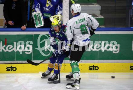 EBEL. Eishockey Bundesliga. EC VSV gegen HK SZ Olimpija Ljubljana.    Dominik Grafenthin,  (VSV),  Kristjan Cepon  (Ljubljana). Villach, am 22.1.2023
Foto: Kuess
www.qspictures.net
---
pressefotos, pressefotografie, kuess, qs, qspictures, sport, bild, bilder, bilddatenbank