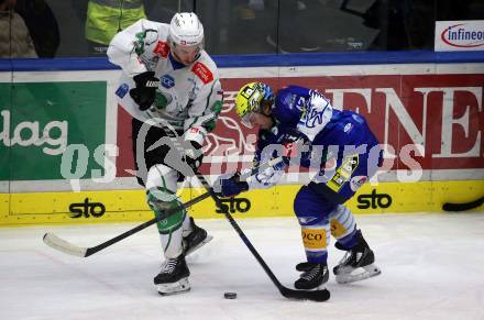 EBEL. Eishockey Bundesliga. EC VSV gegen HK SZ Olimpija Ljubljana.   Benjamin Lanzinger,   (VSV),  Jaka Sturm  (Ljubljana). Villach, am 22.1.2023
Foto: Kuess
www.qspictures.net
---
pressefotos, pressefotografie, kuess, qs, qspictures, sport, bild, bilder, bilddatenbank