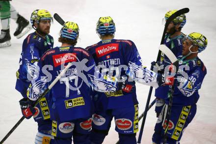 EBEL. Eishockey Bundesliga. EC VSV gegen HK SZ Olimpija Ljubljana.   Torjubel Nicolas Rivett-Mattinen, Alexander Rauchenwald, Chris Collins, Philipp Lindner, Anthony Luciani  (VSV).  Villach, am 22.1.2023
Foto: Kuess
www.qspictures.net
---
pressefotos, pressefotografie, kuess, qs, qspictures, sport, bild, bilder, bilddatenbank