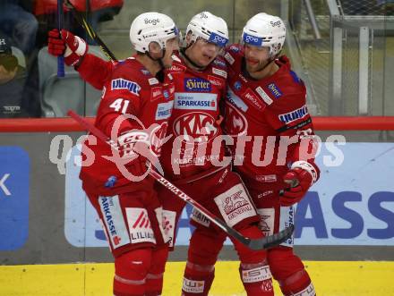 EBEL. Eishockey Bundesliga. EC KAC gegen  spusu Vienna Capitals.   Torjubel Clemens Unterweger, Thomas Hundertpfund, Jesper Jensen Aabo  (KAC).  Klagenfurt, am 27.1.2023.
Foto: Kuess
www.qspictures.net
---
pressefotos, pressefotografie, kuess, qs, qspictures, sport, bild, bilder, bilddatenbank