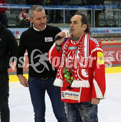 EBEL. Eishockey Bundesliga. EC KAC gegen  spusu Vienna Capitals.  Joschi Peharz, Hansi Radl (Stiege 19).  Klagenfurt, am 27.1.2023.
Foto: Kuess
www.qspictures.net
---
pressefotos, pressefotografie, kuess, qs, qspictures, sport, bild, bilder, bilddatenbank