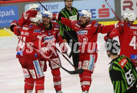 EBEL. Eishockey Bundesliga. EC KAC gegen  spusu Vienna Capitals.   Torjubel Paul Postma, Fabian Hochegger., Jesper Jesen Aabo, Rihard Bukarts  (KAC).  Klagenfurt, am 27.1.2023.
Foto: Kuess
www.qspictures.net
---
pressefotos, pressefotografie, kuess, qs, qspictures, sport, bild, bilder, bilddatenbank