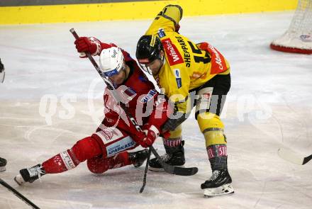 EBEL. Eishockey Bundesliga. EC KAC gegen  spusu Vienna Capitals.   Matthew Fraser, (KAC),     James Sheppard  (Vienna Capitals). Klagenfurt, am 27.1.2023.
Foto: Kuess
www.qspictures.net
---
pressefotos, pressefotografie, kuess, qs, qspictures, sport, bild, bilder, bilddatenbank