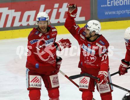 EBEL. Eishockey Bundesliga. EC KAC gegen  spusu Vienna Capitals. Torjubel Paul Postma, Fabian Hochegger    (KAC).  Klagenfurt, am 27.1.2023.
Foto: Kuess
www.qspictures.net
---
pressefotos, pressefotografie, kuess, qs, qspictures, sport, bild, bilder, bilddatenbank