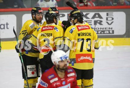 EBEL. Eishockey Bundesliga. EC KAC gegen  spusu Vienna Capitals.   Torjubel Radek Prokes, Lukas Kainz, Niklas Andre Wuerschl, Armin Preiser  (Vienna Capitals). Klagenfurt, am 27.1.2023.
Foto: Kuess
www.qspictures.net
---
pressefotos, pressefotografie, kuess, qs, qspictures, sport, bild, bilder, bilddatenbank