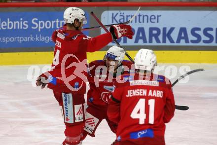 EBEL. Eishockey Bundesliga. EC KAC gegen  spusu Vienna Capitals.  Torjubel Paul Postma, Fabian Hochegger., Jesper Jesen Aabo  (KAC).  Klagenfurt, am 27.1.2023.
Foto: Kuess
www.qspictures.net
---
pressefotos, pressefotografie, kuess, qs, qspictures, sport, bild, bilder, bilddatenbank