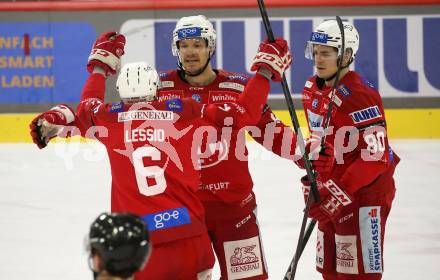 EBEL. Eishockey Bundesliga. EC KAC gegen  spusu Vienna Capitals.  Torjubel Matthew Fraser, Nikolaus Kraus, Lucas Lessio   (KAC).  Klagenfurt, am 27.1.2023.
Foto: Kuess
www.qspictures.net
---
pressefotos, pressefotografie, kuess, qs, qspictures, sport, bild, bilder, bilddatenbank