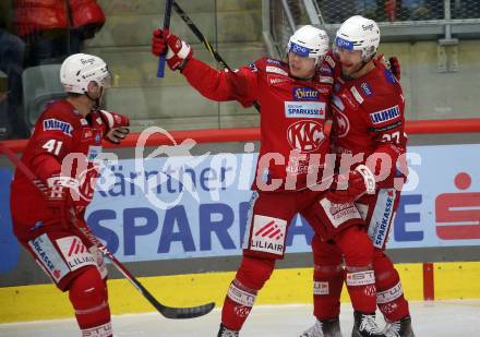 EBEL. Eishockey Bundesliga. EC KAC gegen  spusu Vienna Capitals.   Torjubel Clemens Unterweger, Thomas Hundertpfund, Jesper Jensen Aabo  (KAC).  Klagenfurt, am 27.1.2023.
Foto: Kuess
www.qspictures.net
---
pressefotos, pressefotografie, kuess, qs, qspictures, sport, bild, bilder, bilddatenbank