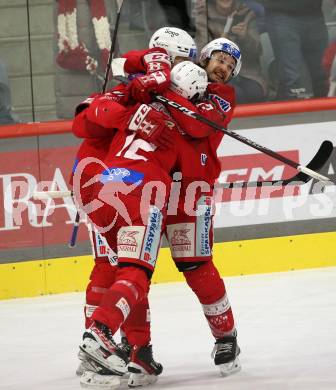 EBEL. Eishockey Bundesliga. EC KAC gegen  spusu Vienna Capitals.  Torjubel Thomas Hundertpfund, David Maier, Manuel Ganahl   (KAC).  Klagenfurt, am 27.1.2023.
Foto: Kuess
www.qspictures.net
---
pressefotos, pressefotografie, kuess, qs, qspictures, sport, bild, bilder, bilddatenbank