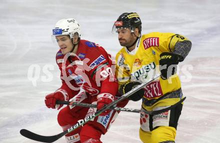 EBEL. Eishockey Bundesliga. EC KAC gegen  spusu Vienna Capitals.   Nikolaus Kraus,   (KAC),    Rafael Rotter (Vienna Capitals). Klagenfurt, am 27.1.2023.
Foto: Kuess
www.qspictures.net
---
pressefotos, pressefotografie, kuess, qs, qspictures, sport, bild, bilder, bilddatenbank