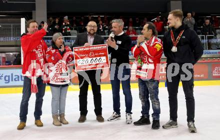 EBEL. Eishockey Bundesliga. EC KAC gegen  spusu Vienna Capitals. ScheckÃ¼bergabe. KAC Fanclub Spendenaktion fuer Kaerntner in Not.  Klagenfurt, am 27.1.2023.
Foto: Kuess
www.qspictures.net
---
pressefotos, pressefotografie, kuess, qs, qspictures, sport, bild, bilder, bilddatenbank