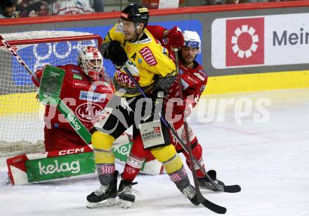 EBEL. Eishockey Bundesliga. EC KAC gegen  spusu Vienna Capitals.   Steven Strong, Sebastian Dahm, (KAC),   James Sheppard    (Vienna Capitals). Klagenfurt, am 27.1.2023.
Foto: Kuess
www.qspictures.net
---
pressefotos, pressefotografie, kuess, qs, qspictures, sport, bild, bilder, bilddatenbank