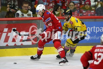 EBEL. Eishockey Bundesliga. EC KAC gegen  spusu Vienna Capitals.    Matthew Fraser,  (KAC),  Benjamin Finkelstein  (Vienna Capitals). Klagenfurt, am 27.1.2023.
Foto: Kuess
www.qspictures.net
---
pressefotos, pressefotografie, kuess, qs, qspictures, sport, bild, bilder, bilddatenbank