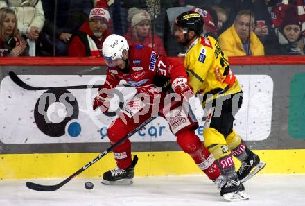 EBEL. Eishockey Bundesliga. EC KAC gegen  spusu Vienna Capitals.  Fabian Hochegger,  (KAC),  Nico Brunner    (Vienna Capitals). Klagenfurt, am 27.1.2023.
Foto: Kuess
www.qspictures.net
---
pressefotos, pressefotografie, kuess, qs, qspictures, sport, bild, bilder, bilddatenbank