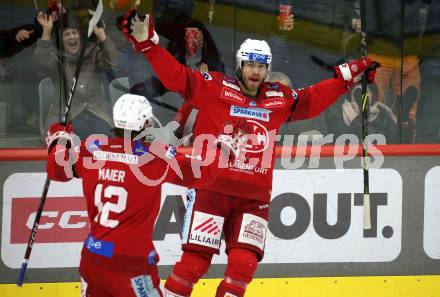 EBEL. Eishockey Bundesliga. EC KAC gegen  spusu Vienna Capitals.   Torjubel Thomas Hundertpfund, David Maier  (KAC).  Klagenfurt, am 27.1.2023.
Foto: Kuess
www.qspictures.net
---
pressefotos, pressefotografie, kuess, qs, qspictures, sport, bild, bilder, bilddatenbank