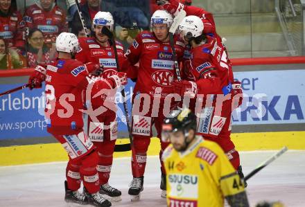 EBEL. Eishockey Bundesliga. EC KAC gegen  spusu Vienna Capitals.   Torjubel Clemens Unterweger, Thomas Hundertpfund, Jesper Jensen Aabo, Rok Ticar, Manuel Ganahl  (KAC).  Klagenfurt, am 27.1.2023.
Foto: Kuess
www.qspictures.net
---
pressefotos, pressefotografie, kuess, qs, qspictures, sport, bild, bilder, bilddatenbank