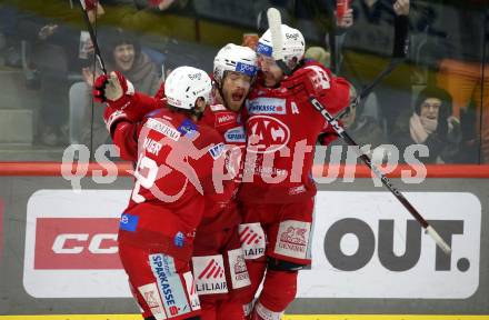 EBEL. Eishockey Bundesliga. EC KAC gegen  spusu Vienna Capitals.  Torjubel Thomas Hundertpfund, David Maier, Manuel Ganahl   (KAC).  Klagenfurt, am 27.1.2023.
Foto: Kuess
www.qspictures.net
---
pressefotos, pressefotografie, kuess, qs, qspictures, sport, bild, bilder, bilddatenbank