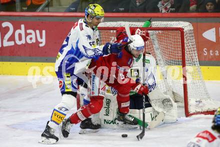 EBEL. Eishockey Bundesliga. EC KAC gegen VSV.    Fabian Hochegger,  (KAC),   Nicolas Rivett- Mattinen (VSV). Klagenfurt, am 29.1.2023.
Foto: Kuess
www.qspictures.net
---
pressefotos, pressefotografie, kuess, qs, qspictures, sport, bild, bilder, bilddatenbank