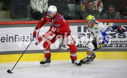 EBEL. Eishockey Bundesliga. EC KAC gegen VSV.   Clemens Unterweger, (KAC),  Blaz Tomazevic    (VSV). Klagenfurt, am 29.1.2023.
Foto: Kuess
www.qspictures.net
---
pressefotos, pressefotografie, kuess, qs, qspictures, sport, bild, bilder, bilddatenbank