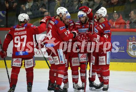 EBEL. Eishockey Bundesliga. EC KAC gegen VSV.    Torjubel Rok Ticar, Rihards Bukarts, Paul Postma, Jesper Jensen Aabo, Fabian Hochegger (KAC).  Klagenfurt, am 29.1.2023.
Foto: Kuess
www.qspictures.net
---
pressefotos, pressefotografie, kuess, qs, qspictures, sport, bild, bilder, bilddatenbank