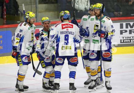 EBEL. Eishockey Bundesliga. EC KAC gegen VSV.  Torjubel Anthony Luciani, Andrew Desjardins, Alexander Rauchenwald, Arturs Kulda  (VSV). Klagenfurt, am 29.1.2023.
Foto: Kuess
www.qspictures.net
---
pressefotos, pressefotografie, kuess, qs, qspictures, sport, bild, bilder, bilddatenbank